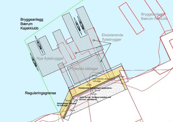 Skisse av utbyggingsplanene ved Båtsportens hus. Generelt sett skal bryggene bli større. 